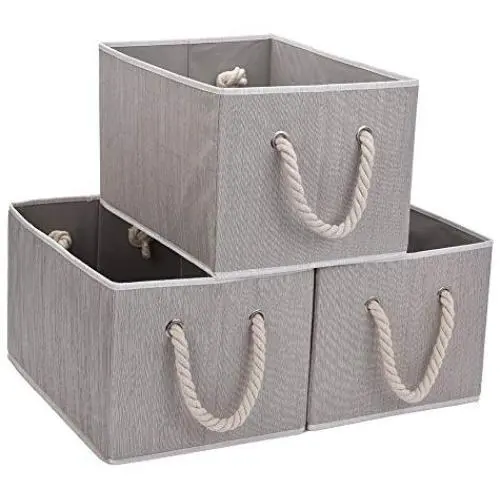 JS HOME Foldable Basket Organizer Bin, Polyester Storage Boxes with Strong Cotton Rope Handle, Grey, Jumbo, 3-Pack JS HOME Foldable Basket Organizer Bin, Polyester Storage Boxes with Strong Cotton Rope Handle, Grey, Jumbo, 3-Pack