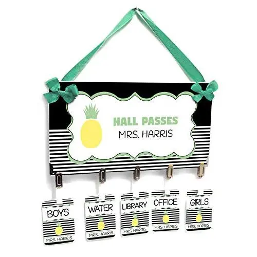 School Rooms Hall Pass with Hanger, Green Black and White Pineapple Theme School Rooms Hall Pass with Hanger, Green Black and White Pineapple Theme