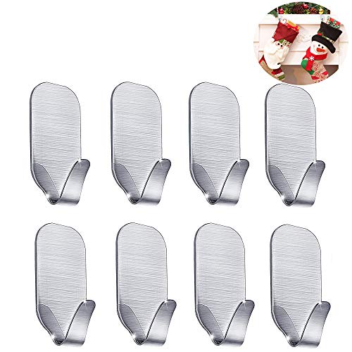 Fotosnow Adhesive Hooks Wall Hooks Hanger Stick on Hooks Strong & Durable for Hanging Kitchen Bathroom Home Office Stainless Steel-8 Packs
