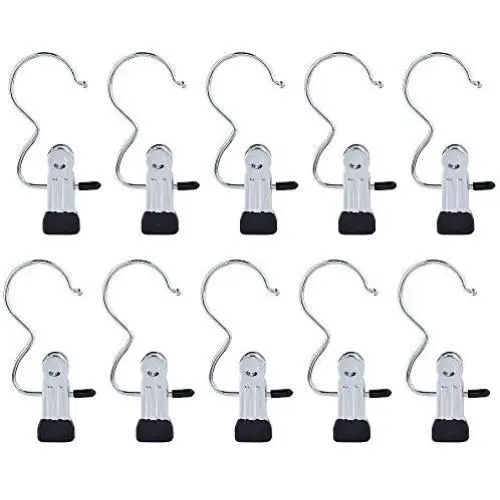 Yookat 12 PCS Portable Laundry Hook Boot Clips Hanging Clothes Pins Hanger Heavy Duty Stainless Steel Home Travel Clothing Boot Hanger Hold Clips Multi-Functional Organizer Pants Shoes Towel Clip
