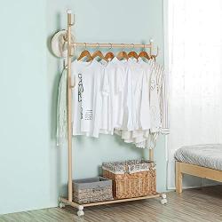 SINGAYE Clothes Rack 2-in-1 Coat Rack Rolling Garment Rack with Bottom Shelves, 7 Side Hooks, Lockable Wheels, Rolling Closet Organizer (Golden)