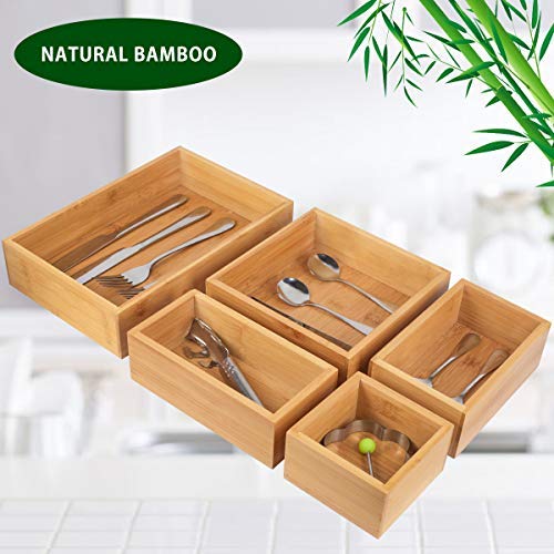 5-Piece Storage Boxes Dividers Set & Drawer Organizer with 100% Natural Bamboo, Silverware Tray for Office Desk Supplies and Accessories, Bathroom & Kitchen 5-Piece Storage Boxes Dividers Set & Drawer Organizer with 100% Natural Bamboo, Silverware Tray for Office Desk Supplies and Accessories, Bathroom & Kitchen