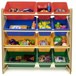 Tot Tutors Kids Toy Storage Organizer with 12 Plastic Bins, Natural/Primary (Primary Collection)