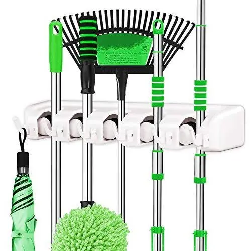 LETMY Broom Holder Wall Mounted - Mop and Broom Holder - Garage Storage Rack&Garden Tool Organizer - 5 Position 6 Hooks for Home, Kitchen, Garden, Tools, Garage Organizing (White, 1 Pack)