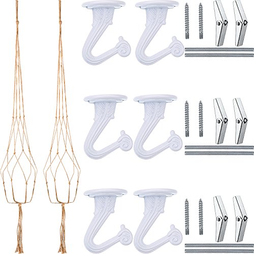 6 Sets Swag Ceiling Hooks Steel Screws Bolts and Toggle Wings with 2 Pieces Large Flower Pot Hanger Basket Holder for Ceiling Hanging Decorations (White)