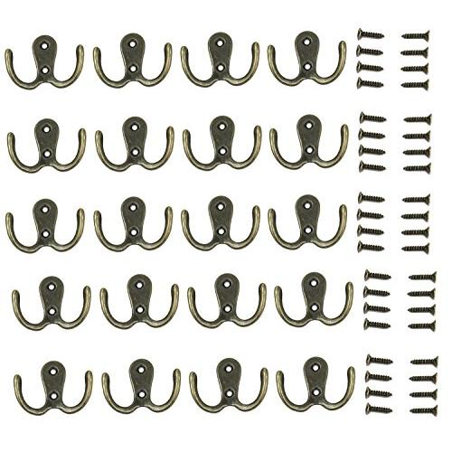 20 Pieces Double Prong Robe Hook Rustic Hooks Retro Cloth Hanger with 40 Pieces Screws, Bronze Color 20 Pieces Double Prong Robe Hook Rustic Hooks Retro Cloth Hanger with 40 Pieces Screws, Bronze Color