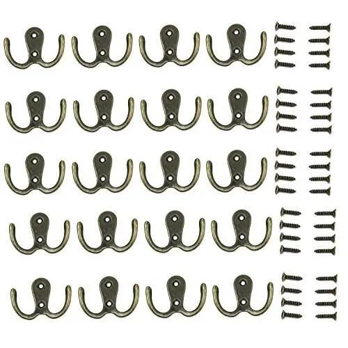 20 Pieces Double Prong Robe Hook Rustic Hooks Retro Cloth Hanger with 40 Pieces Screws, Bronze Color