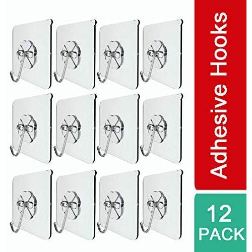 12 Packs Adhesive Hooks-Wall Hooks Heavy Duty 15 lbs Sticky Hanger Without Nails for Bathroom Kitchen