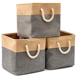 EZOWare 3-Pack Collapsible Storage Bins Basket Foldable Canvas Fabric Tweed Storage Cubes Set with Handles for Babies Nursery Toys Organizer (13 x 13 x 13 inches) (Gray/Beige)