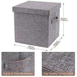 Ranslen Large Decorative Storage Bin with Lid Canvas Fabric Collapsible Storage Boxes Organizer Container with Handle- Grey for Bedroom, Home, Closet, Living Room