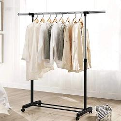 WeiJX Modern Chrome Plated Garment Rack Adjustable Rod Garment Rack with Adjustable Telescopic Double Rail/Rolling Clothes Hanger Black,A