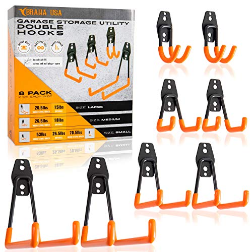Braha USA Tool Hangers for Garage Wall - Steel Garage Storage Utility Double Hooks - Heavy Duty Wall Mount Hanging Hooks for Organizing Power Tools, Ladders, Bikes, Bulk Items & Ropes - Pack of 8 Braha USA Tool Hangers for Garage Wall - Steel Garage Storage Utility Double Hooks - Heavy Duty Wall Mount Hanging Hooks for Organizing Power Tools, Ladders, Bikes, Bulk Items & Ropes - Pack of 8