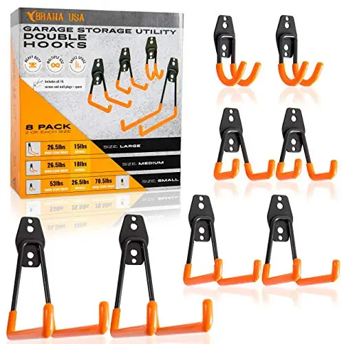 Braha USA Tool Hangers for Garage Wall - Steel Garage Storage Utility Double Hooks - Heavy Duty Wall Mount Hanging Hooks for Organizing Power Tools, Ladders, Bikes, Bulk Items & Ropes - Pack of 8