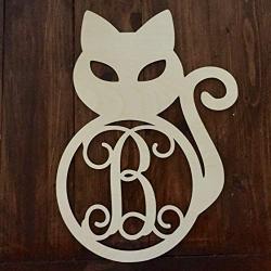 Unfinished Wood Black Cat Monogram Hanger - Halloween Door Hanger - Black Cat Initial Wreath - Fall Door Hanger - Black Cat Wreath Hanger