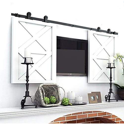 WINSOON 7FT Top Mounted Super Mini Sliding Barn Door Cabinet Hardware Kit for Double Doors TV Stands Small Wardrobe Cabinets, T Shape Hanger (NO Cabinet)