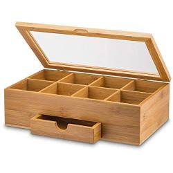 Bambusi Bamboo Tea Storage Boxes - Natural Wood Tea Chest Organizer with Small Drawer | Great Christmas Gift Idea