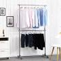 SONGMICS Double Rod Clothes Rack, Adjustable Garment Clothing Rack, Hanging Rail on Wheels, Gray ULLR401