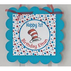 Dr. Seuss Cat Hat Birthday Door Sign Hanger - Red/Turquoise Polka Dot - Party Pack Specials - Matching Items Available - Favor Tags, Banners, Cupcake Toppers etc.