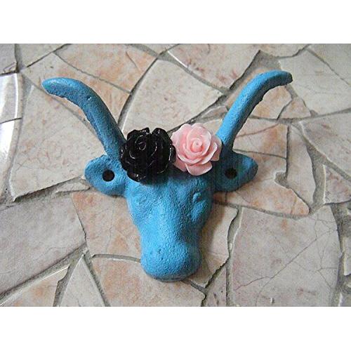 Turquoise Blue Cast Iron Cow Wall Hanger, Rustic Farmhouse Animal Hooks, Choice of Flower Colors