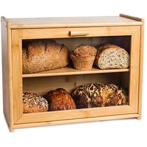 LAURAS GREEN KITCHEN Large Bread Box: Bamboo Bread Boxes with Clear Front Window - Farmhouse Style Bread Holder for Kitchen Counter - Double Layer Bread Storage Bin Holds 2 Loaves (Self-Assembly)