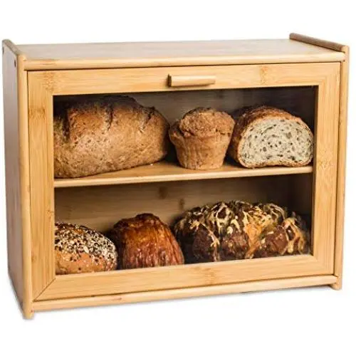 LAURAS GREEN KITCHEN Large Bread Box: Bamboo Bread Boxes with Clear Front Window - Farmhouse Style Bread Holder for Kitchen Counter - Double Layer Bread Storage Bin Holds 2 Loaves (Self-Assembly) LAURAS GREEN KITCHEN Large Bread Box: Bamboo Bread Boxes with Clear Front Window - Farmhouse Style Bread Holder for Kitchen Counter - Double Layer Bread Storage Bin Holds 2 Loaves (Self-Assembly)