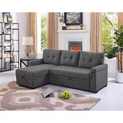 LILOLA Lucca Gray Linen Reversible Sleeper Sofa Storage Chaise