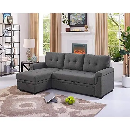 LILOLA Lucca Gray Linen Reversible Sleeper Sofa Storage Chaise LILOLA Lucca Gray Linen Reversible Sleeper Sofa Storage Chaise