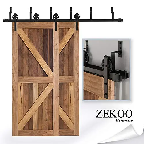 ZEKOO Rustic 11 FT Erfect by Pass Door Hardware Sliding Black Steel Big Wheel Roller Hanger Track for Double Wooden Doors ZEKOO Rustic 11 FT Erfect by Pass Door Hardware Sliding Black Steel Big Wheel Roller Hanger Track for Double Wooden Doors
