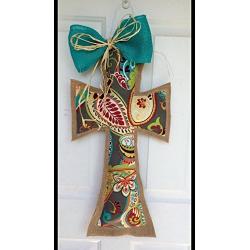 Trendy twist fabric and Burlap Cross Door Hanger with Teal Burlap and raffia Bow