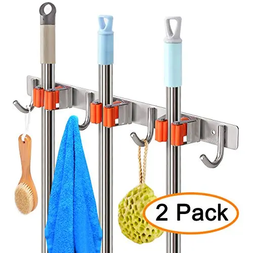 YUMORE Broom Mop Holder, Stainless Steel Heavy Duty Tools Hanger, Garden or Cleaning Tools Organizer for Kitchen Bathroom Closet Office Garden, Screw or Adhesive Installation Pack of 2