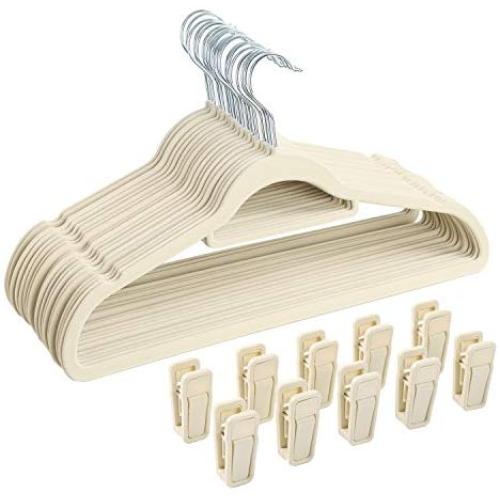 Finnhomy Heavy Duty 50 Pack Clothes Hangers with 10 Multiple Use Finger Clips, Durable Slim-Line Velvet Hangers Non-Slip Sturdy Clothing Hangers, Beige