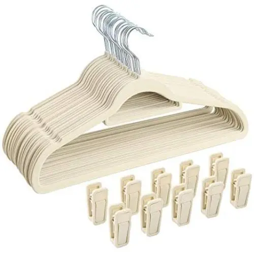Finnhomy Heavy Duty 50 Pack Clothes Hangers with 10 Multiple Use Finger Clips, Durable Slim-Line Velvet Hangers Non-Slip Sturdy Clothing Hangers, Beige Finnhomy Heavy Duty 50 Pack Clothes Hangers with 10 Multiple Use Finger Clips, Durable Slim-Line Velvet Hangers Non-Slip Sturdy Clothing Hangers, Beige