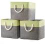 Prandom Large Foldable Cube Storage Baskets Bins 13x13 inch [3-Pack] Fabric Linen Collapsible Storage Bins Cubes Drawer with Cotton Handles Organizer for Shelf Toy Nursery Closet Bedroom(Green)…