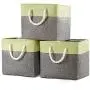 Prandom Large Foldable Cube Storage Baskets Bins 13x13 inch [3-Pack] Fabric Linen Collapsible Storage Bins Cubes Drawer with Cotton Handles Organizer for Shelf Toy Nursery Closet Bedroom(Green)…