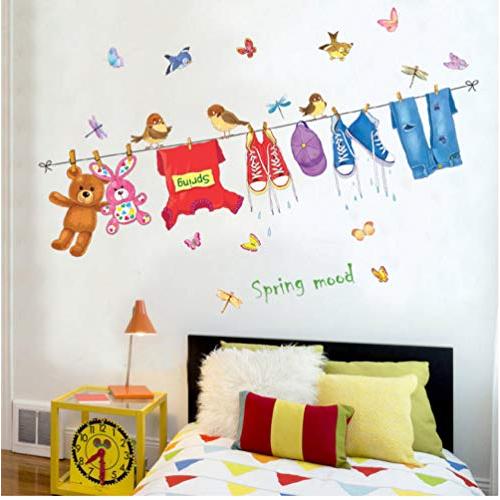 Fangminglei Clothes Hanger Clothes Shoes Toy Bear Rabbit Cartoon Wall Stickers Cute Birds Butterfly Kids Room Bedroom Wall Decor Decals 60X90Cm