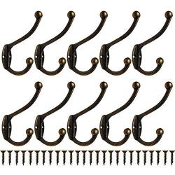 Heavy Duty Dual Coat Hooks 10 Pack Wall Mounted Hooks Metal Hooks Dual Robe Hook Rustic Hooks Retro Double Hooks Coat Hanger and Screws for Coat/Backpack/Bag/Towel/Key/Cap (Bronze 10 Pack)