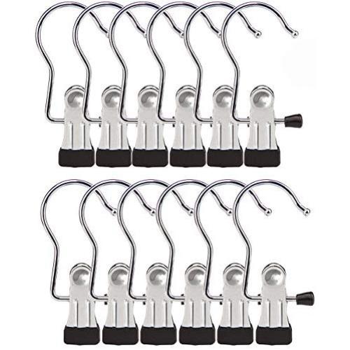 DUOFIRE Set of 12 Hanging Clips Portable Laundry Hooks Hold Clips Stainless Steel Travel Home Hanging Clothes Pins for Pants, Shoes, Towel, Socks