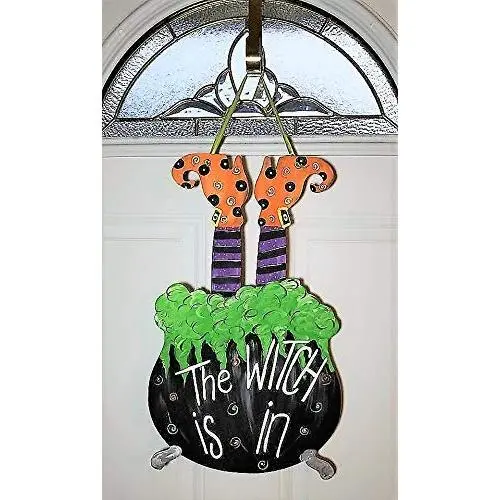 Caldron and Polka Dot Witch Feet Wooden Door Hanger Decor Caldron and Polka Dot Witch Feet Wooden Door Hanger Decor