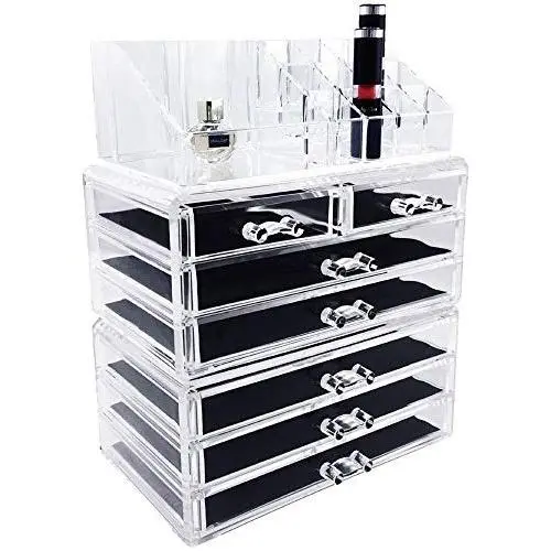 Ikee Design Acrylic Cosmetics Makeup and Jewelry Storage Case Display, Space- Saving, Stylish Acrylic Bathroom Case Great for Lipstick, Nail Polish, Brushes, Jewelry and More, Clear