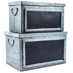 Pams Glam Set of Two Rustic Galvanized Tin Boxes with Chalkboard Labels Decorative Storage Bins or Chests