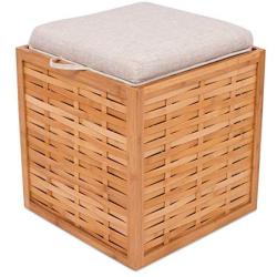 BIRDROCK HOME Bamboo Storage Ottoman - Storage Boxes - Reversible Linen Cushioned Top and Serving Tray - Natural Spa Ottoman