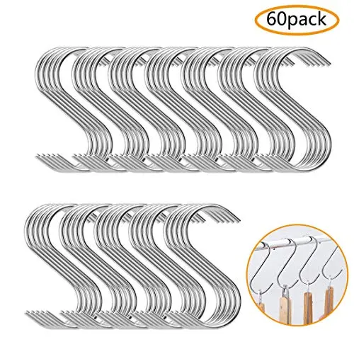 60 Pack Stainless Steel S Hooks, Heavy Duty S Shaped Hangers for Bathroom, Office and Kitchen
