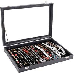 Wuligirl 20 Hooks Necklace Tray Storage Boxes Jewelry Display Stackable Glass Top Lockable Black Velvet Boxes(Necklace Box)