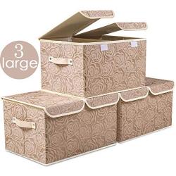 Prandom Large Stackable Storage Bins with Lids Fabric Decorative Storage Boxes Cubes Organizer Containers Baskets with Cover Handles Divider for Bedroom Closet Living Room 17.3x11.8x9.8 Inch 3 Pack