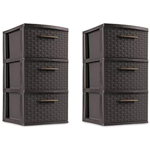 3 Drawer Storage Weave Cart Set of 2 Espresso Plastic Storage Boxes Organizer NEW