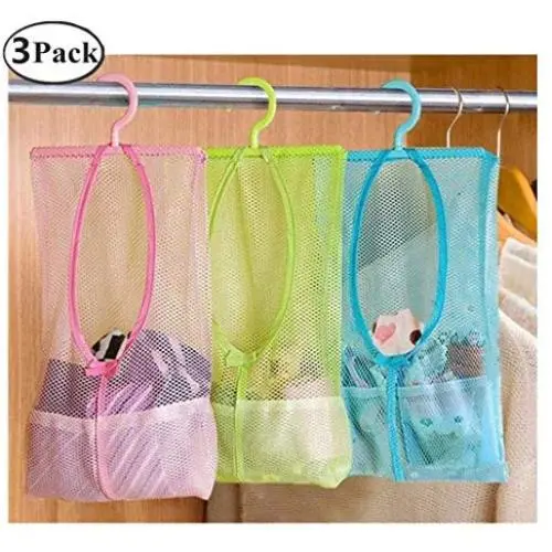 DurReus Multipurpose Clothespin Bag with Hanger,Hanging Mesh Drying Bag Laundry Shower Caddy Kitchen Bathroom Storage Organizer 3 Pack