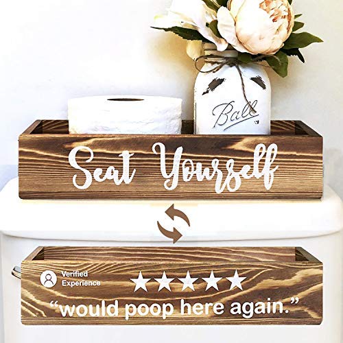 Would Poop Here Again & Seat Yourself Bathroom Decor Storage Box, Toilet Paper Holder Stand, Farmhouse Rustic Wood Organizer