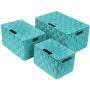 Sorbus Storage Boxes Woven Basket Bin Container Tote Cube Organizer Set Stackable Storage Basket Woven Strap Shelf Organizer Built-in Carry Handles (Lid Bins - 3 Pack, Aqua)