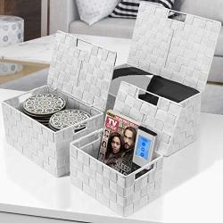 Sorbus Storage Boxes Woven Basket Bin Container Tote Cube Organizer Set Stackable Storage Basket Woven Strap Shelf Organizer Built-in Carry Handles (Lid Bins - 3 Pack, White)