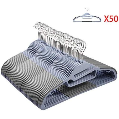 BATHWA Non-Slip Clothes Hanger Space Saving Strong and Durable Coat Hangers with 360° Chrome Swivel Hook, 50 Pack, Blue/Gray (50 Pack, Grey)